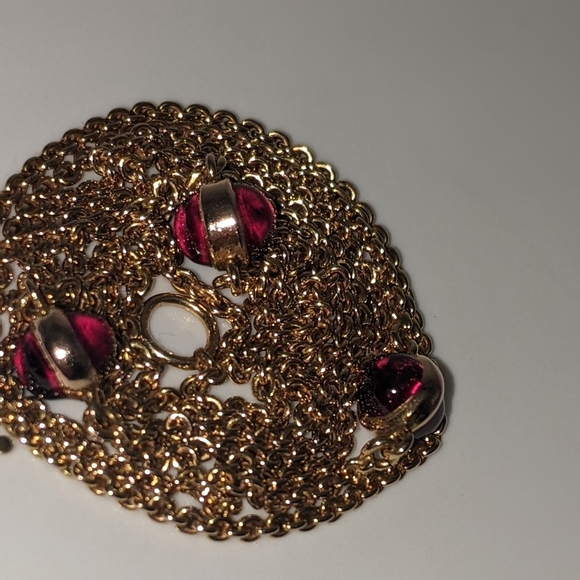 Sold❤️14k Yellow Gold Rhodolite Red Garnet Cabochon Gemstone Station Necklace - Picture 13 of 16